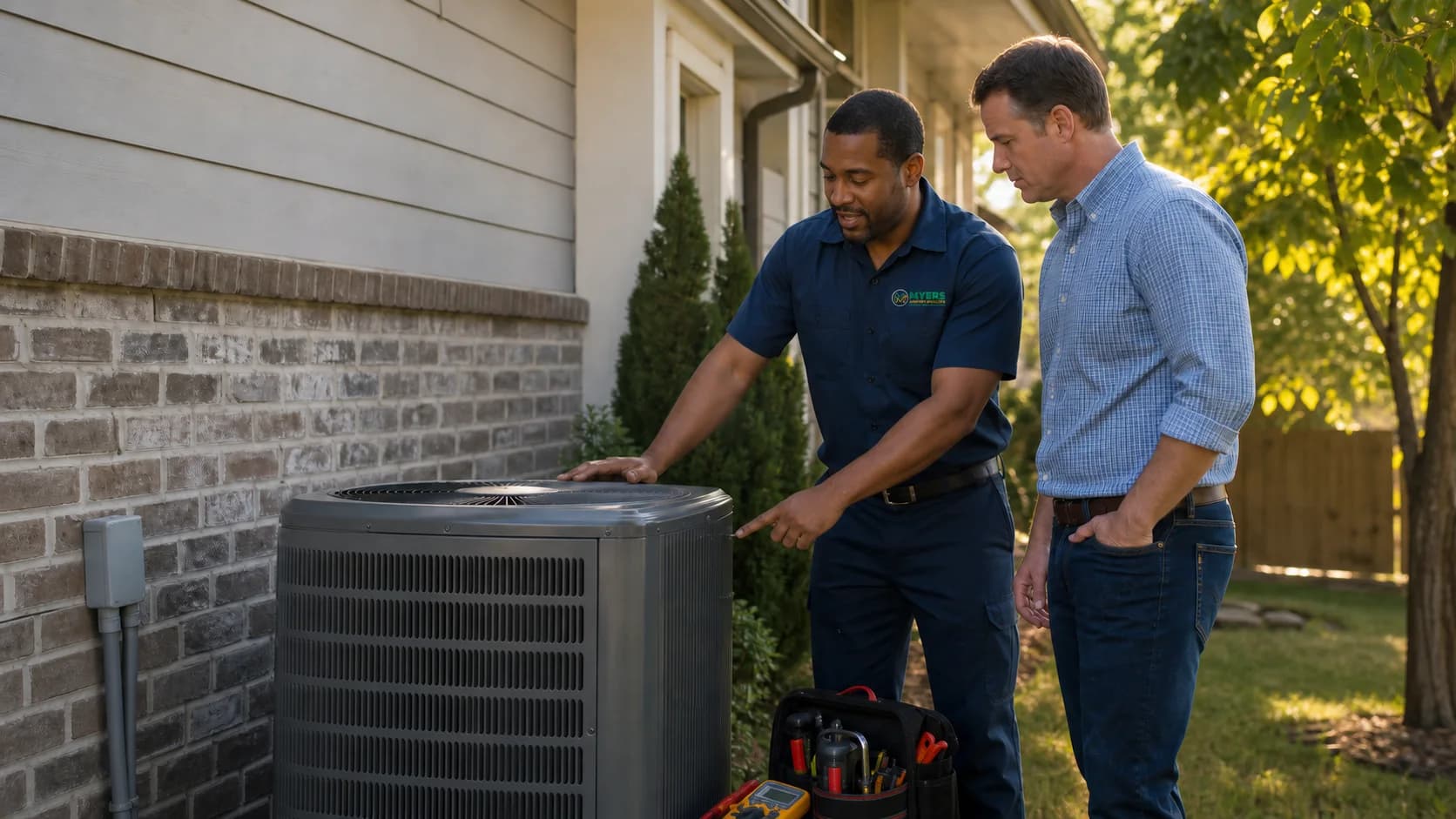Myers technician consulting with a homeowner next to an outdoor HVAC unit